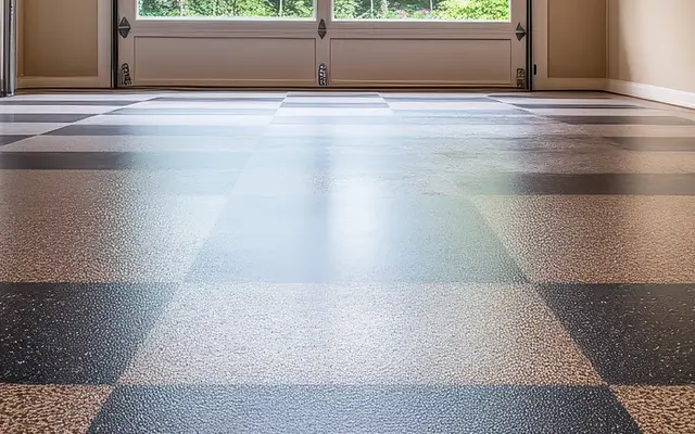 Garage floor laid in interlocking tiles in a checkerboard pattern